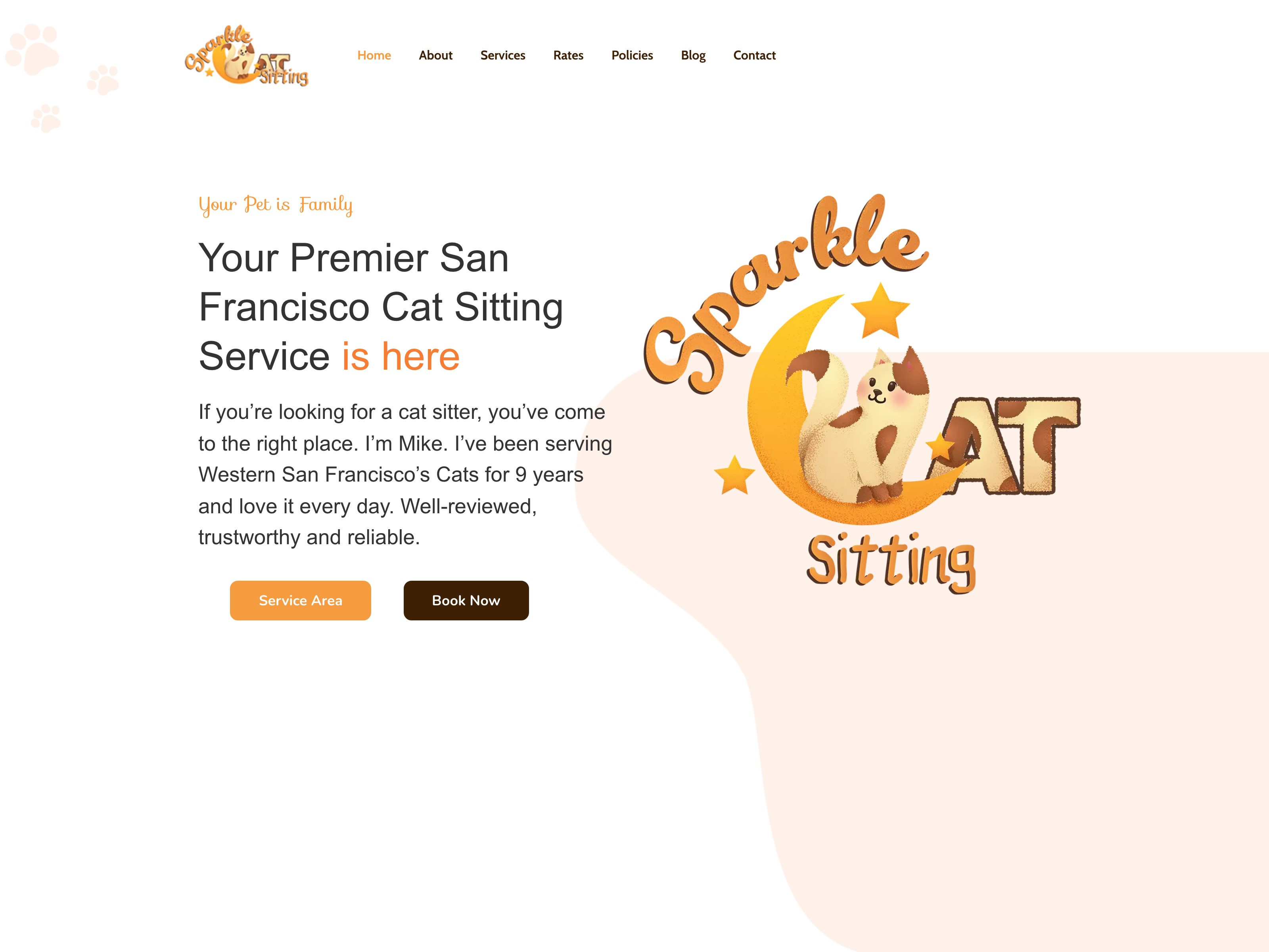 The Sparkle Cat Sitting homepage — a San Francisco cat-sitting service Peter has built and maintained.