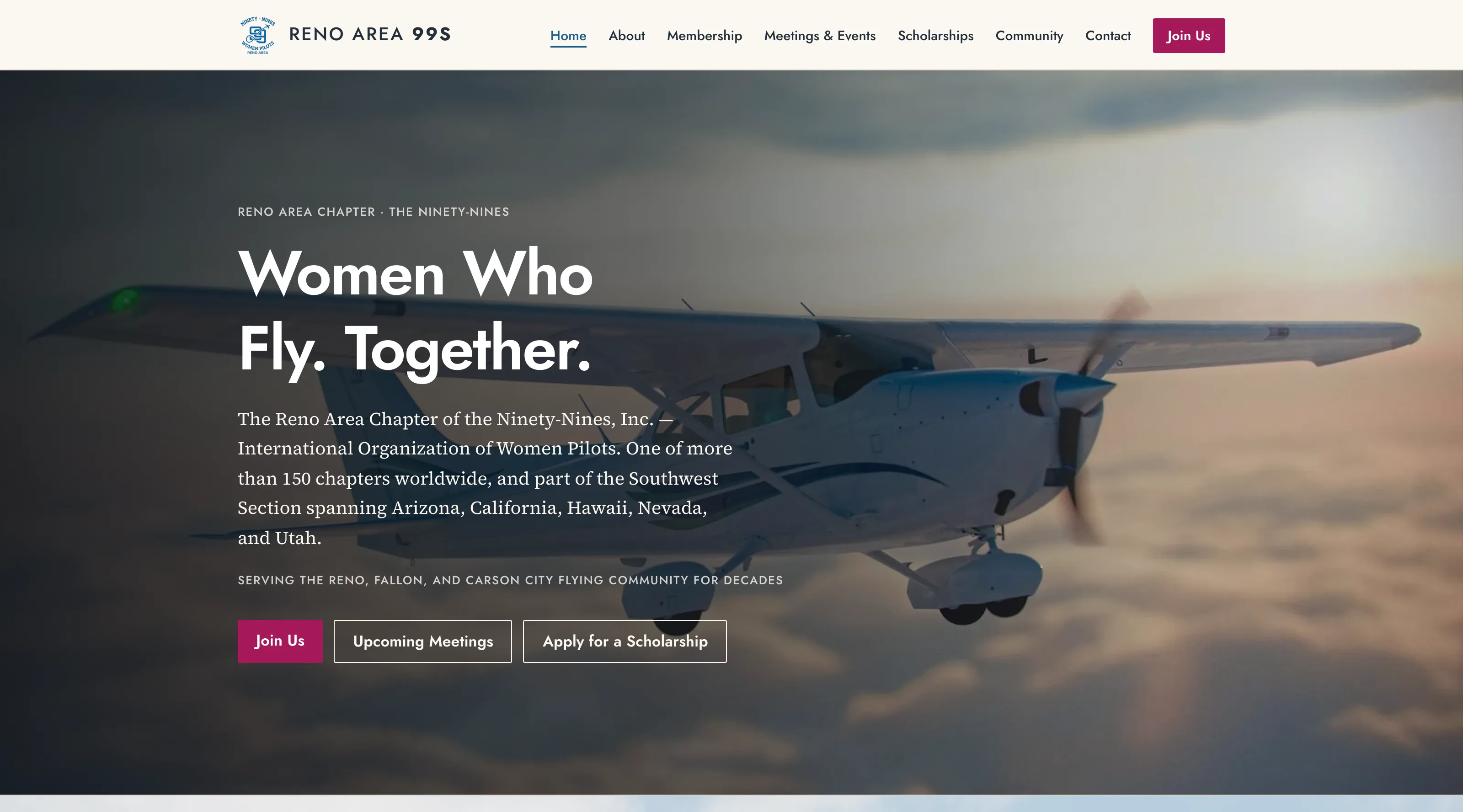 The Reno Area 99s homepage hero — the headline “Women Who Fly. Together.” over a Cessna flying through golden clouds, with buttons to join, see meetings, and apply for a scholarship.
