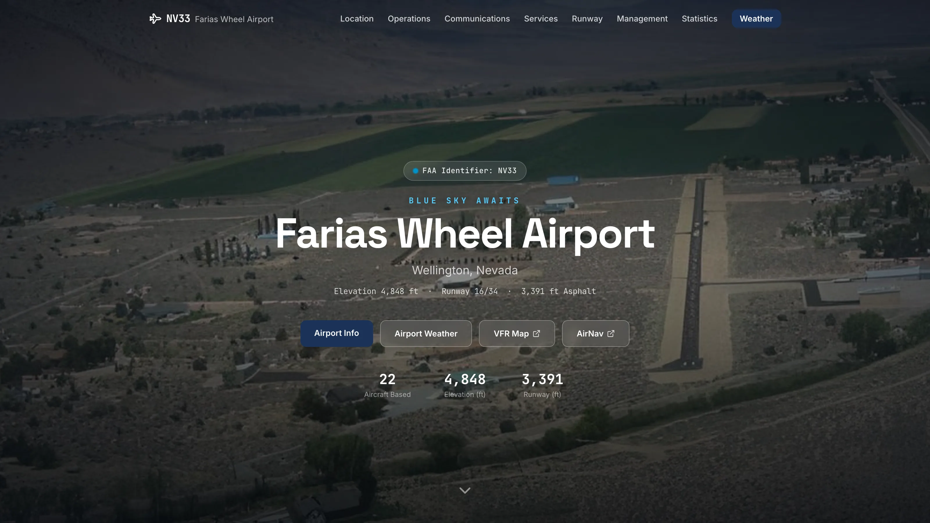 The NV33 Farias Wheel Airport homepage hero — the airport name and field stats over an aerial view of the runway and the Smith Valley.